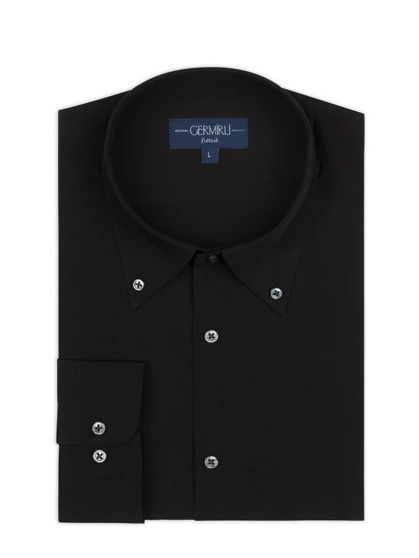 Black Button-Down Collar Tailor Fit Men's Tencel Shirt with Germirli - 2
