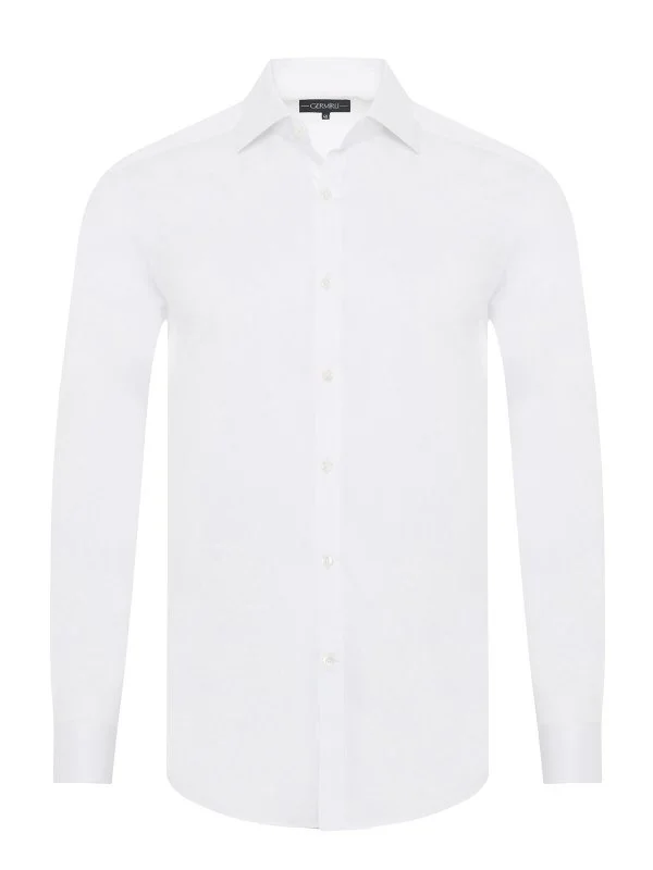 Germirli Black Label Tailor Fit Classic Collar 200/2 Cotton White Self Patterned Shirt - 1