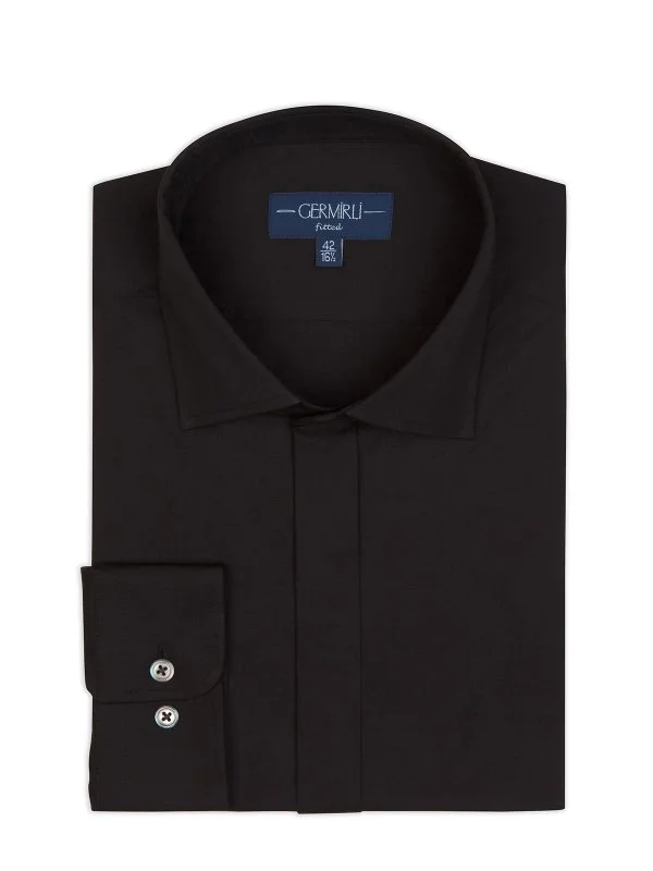 Germirli Black Poplin Classic Collar Tailor Fit Hidden Placket Cotton Elastane Shirt - 2