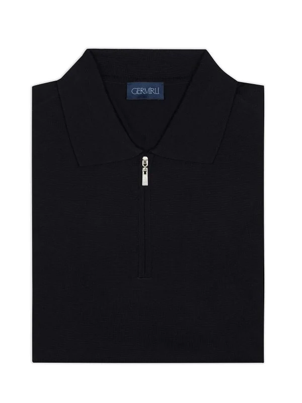 Germirli Black Zippered Polo Collar Cotton Silk Regular Fit Sweater - 2