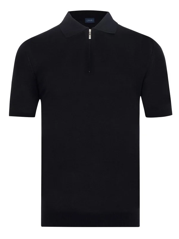 Germirli Black Zippered Polo Collar Cotton Silk Regular Fit Sweater - 1