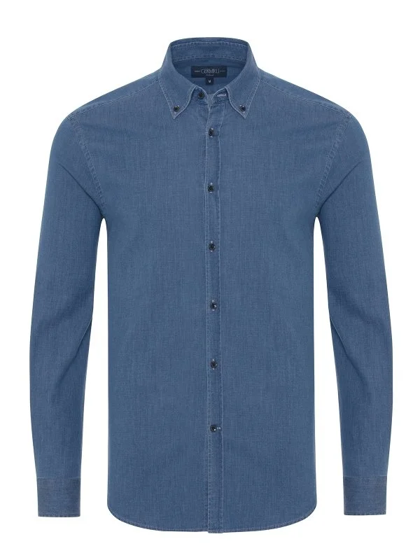 Germirli Blue Button-down Collar Tailor Fit Denim Men's Shirt - 1