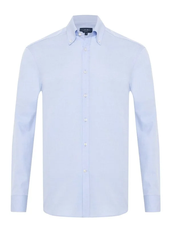 Germirli Blue Exclusive Herringbone Texture Button-down Collar Tailor Fit Cotton Shirt - 1