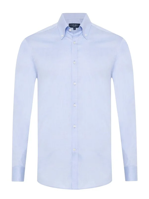 Germirli Blue Exclusive Panama Texture Button-down Collar Tailor Fit Cotton Shirt - 1