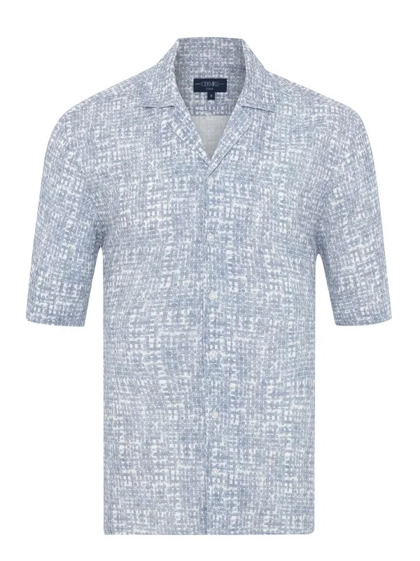 Germirli Blue Geometric Patterned Tailor Fit Hawaiian Collar Summer Cotton Linen Shirt - 1