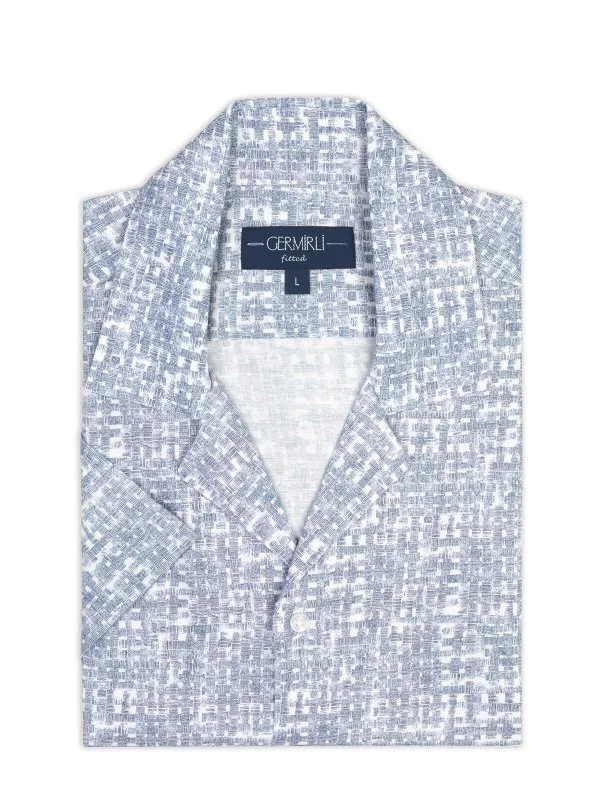 Germirli Blue Geometric Patterned Tailor Fit Hawaiian Collar Summer Cotton Linen Shirt - 2