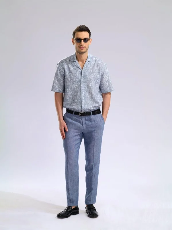 Germirli Blue Geometric Patterned Tailor Fit Hawaiian Collar Summer Cotton Linen Shirt - 5