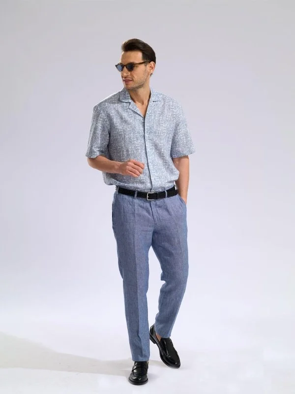 Germirli Blue Geometric Patterned Tailor Fit Hawaiian Collar Summer Cotton Linen Shirt - 4