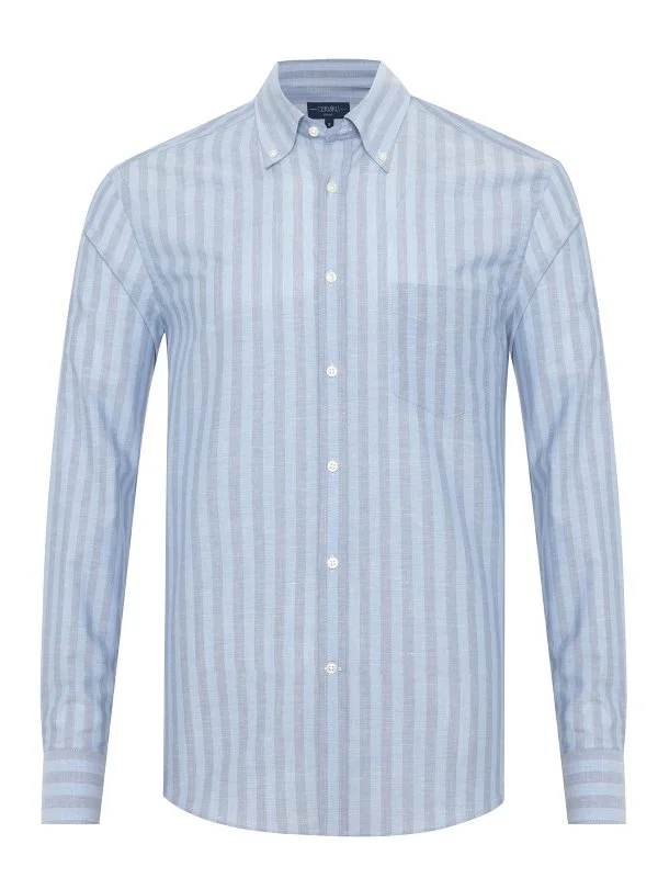 Germirli Blue Gray Striped Button-down Collar Pocket Tailor Fit Cotton Linen Shirt - 1