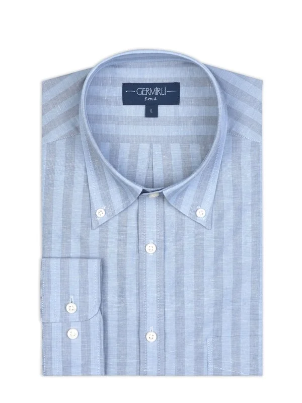 Germirli Blue Gray Striped Button-down Collar Pocket Tailor Fit Cotton Linen Shirt - 2