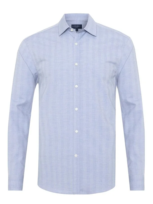 Germirli Blue Herringbone Patterned Striped Soft Collar Tailor Fit Cotton Shirt - 1