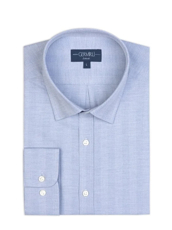 Germirli Blue Herringbone Patterned Striped Soft Collar Tailor Fit Cotton Shirt - 2