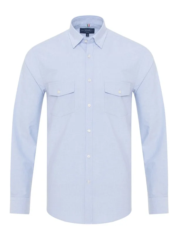 Germirli Sky Blue Hidden Button Collar Flap Pocket Tailor Fit Sport Oxford Men's Shirt - 1
