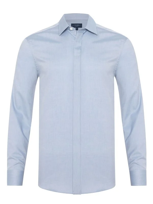 Germirli Blue Hidden Placket Soft Collar Tailor Fit Diagonal Pattern Cotton Shirt - 1