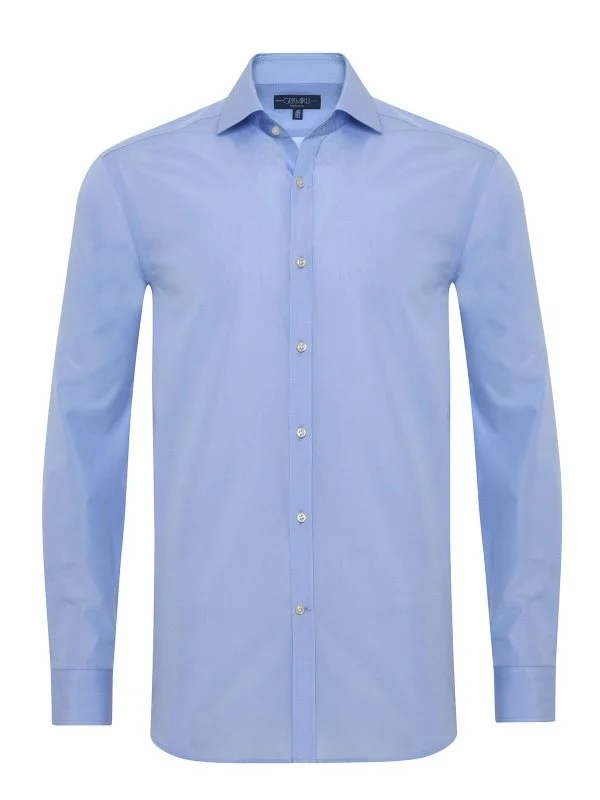 Germirli Blue Plain Tailor Fit Relaxed Fit Italian Collar Satin Textured Cotton Exclusive Shirt - 1