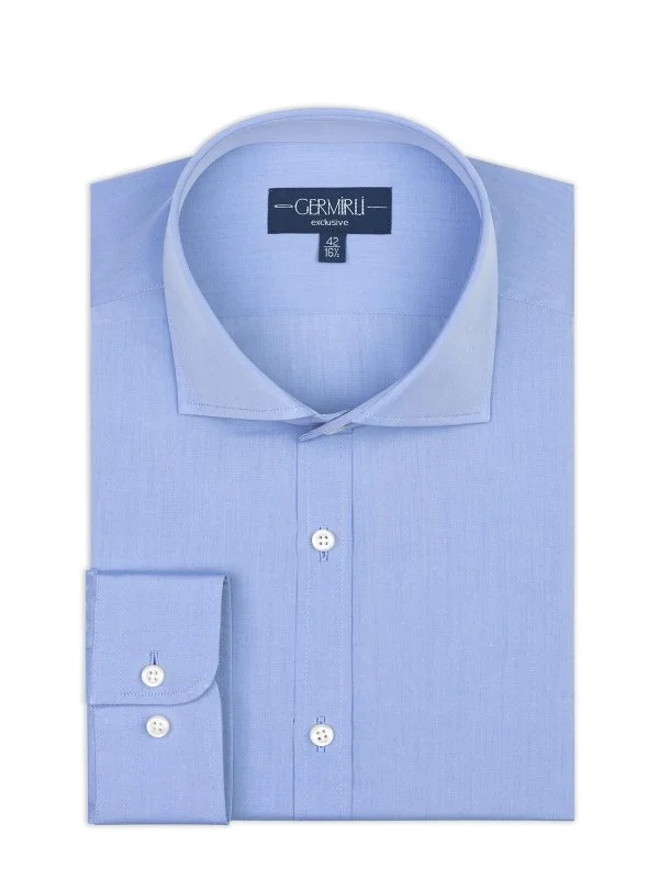 Germirli Blue Plain Tailor Fit Relaxed Fit Italian Collar Satin Textured Cotton Exclusive Shirt - 2