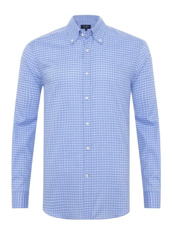 Germirli Blue Square Patterned Albini Relax Formula Tailor Fit Pure Cotton Exclusive Shirt - 1
