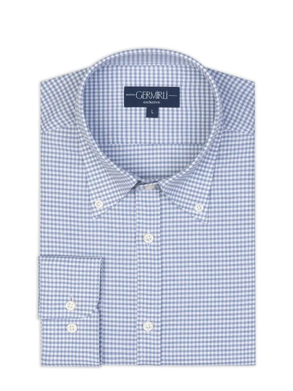 Germirli Blue Square Textured Albini Relax Formula Tailor Fit Pure Cotton Exclusive Shirt - 2