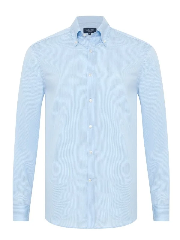 Exclusive Button-down Collar Tailor Fit Cotton Shirt with Germirli Blue Stripes - 1