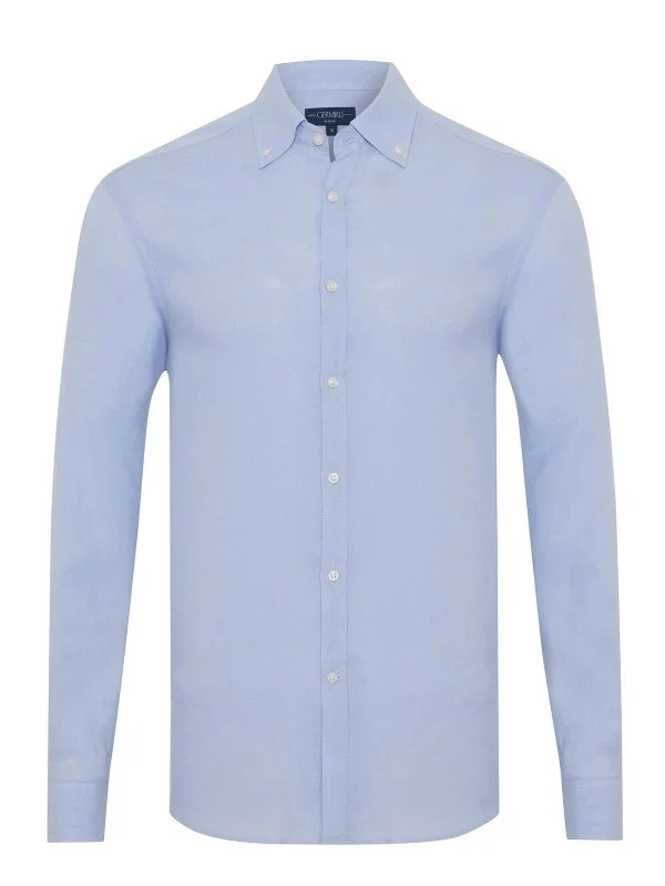 Germirli Blue Tailor Fit Button-down Collar Pure Linen Shirt - 1