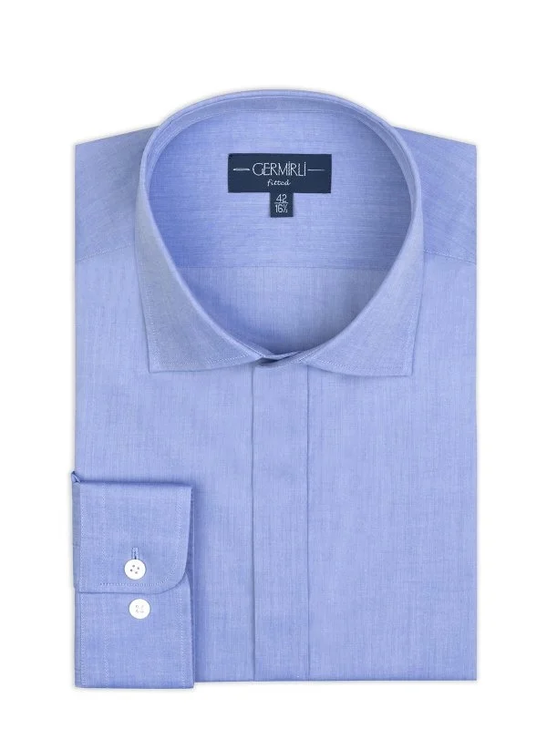 Germirli Blue Tailor Fit Hidden Placket Classic Collar 70/1 Cotton Shirt - 2