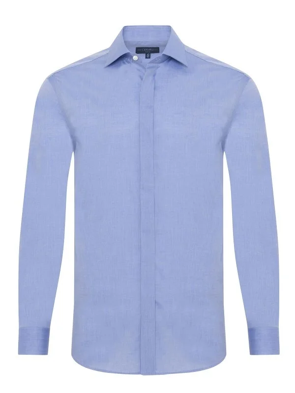Germirli Blue Tailor Fit Hidden Placket Classic Collar 70/1 Cotton Shirt - 1
