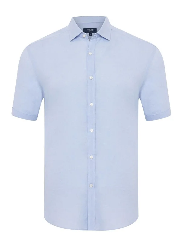 Germirli Blue Tailor Fit Soft Collar Pure Linen Short Sleeve Men's Shirt - 1