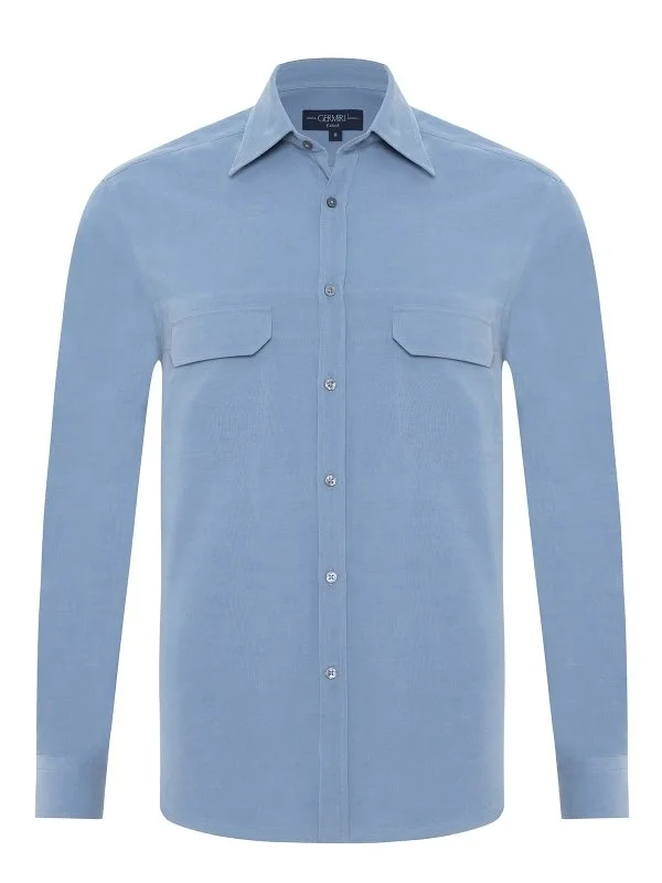 Germirli Blue Thin Velvet Soft Collar Albini Tailor Fit Utility Pure Cotton Shirt - 1