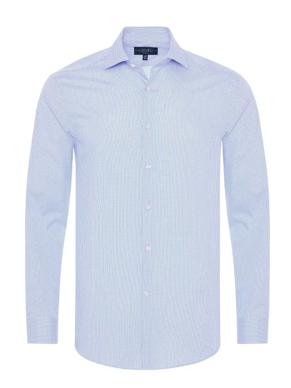 Germirli Blue White Checkered Tailor Fit Journey Twill Non Iron Cotton Italian Collar Shirt - 3