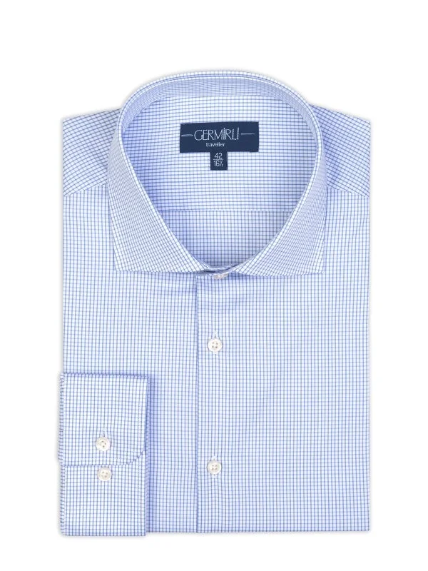 Germirli Blue White Checkered Tailor Fit Journey Twill Non Iron Cotton Italian Collar Shirt - 1