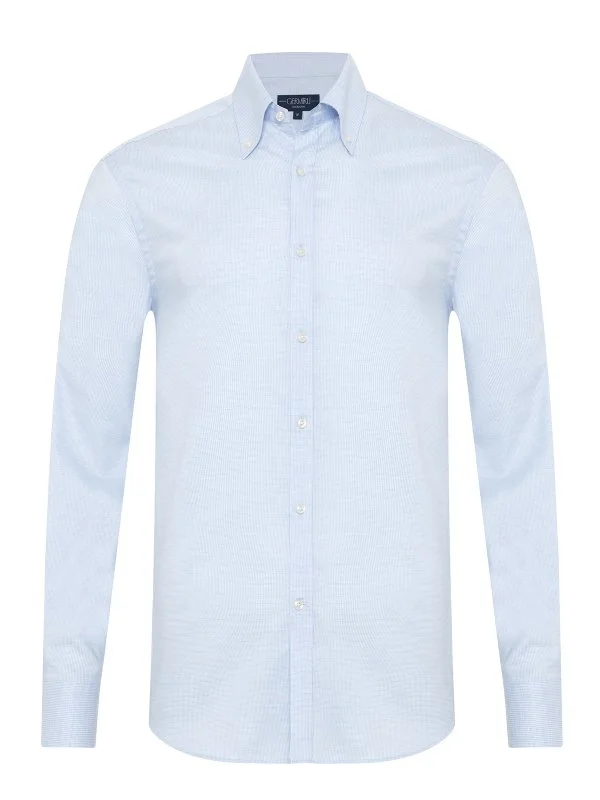 Germirli Blue White Micro Patterned Exclusive Button-down Collar Tailor Fit Cotton Shirt - 1