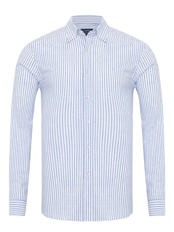 Germirli Blue White Striped Albiate Button Down Collar Tailor Fit Thin Cotton Shirt - 1