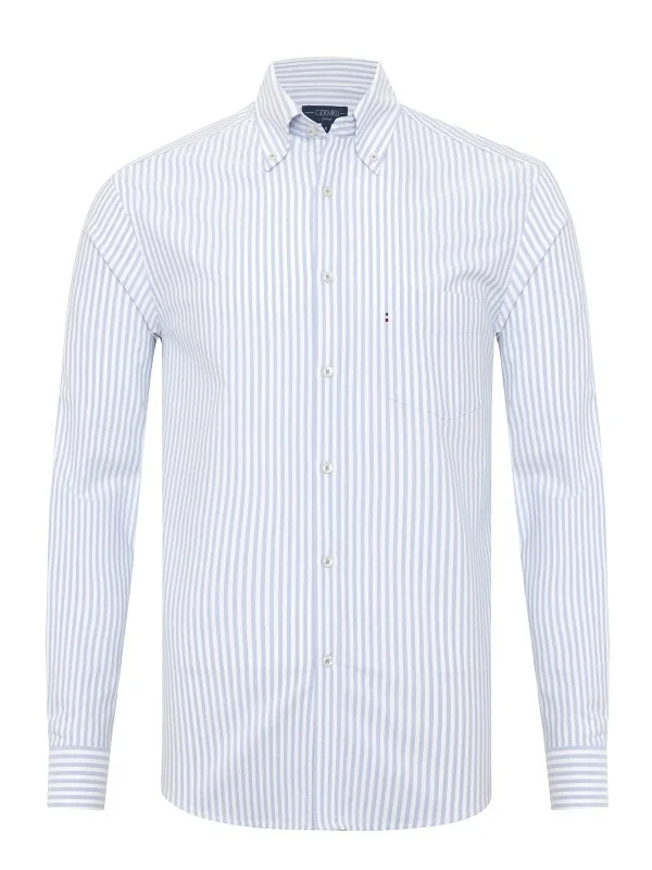 Germirli Blue White Striped Button-Down Collar Pocket Tailor Fit Oxford Sport Shirt - 1