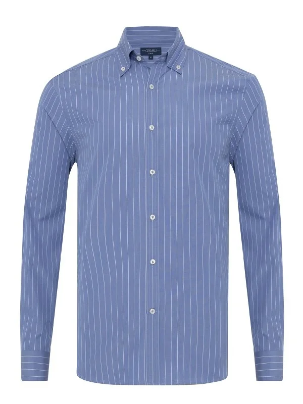 Germirli Blue White Striped Button Down Collar Tailor Fit Cotton Shirt - 1