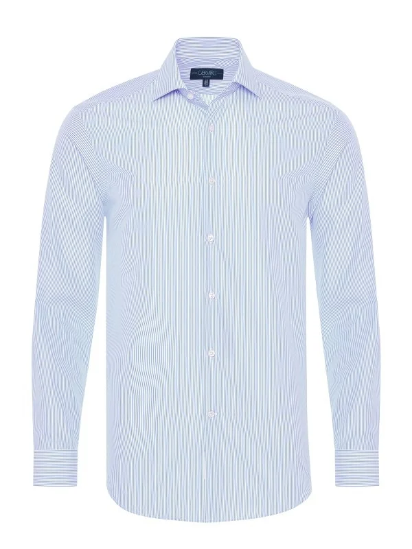 Germirli Blue White Striped Tailor Fit 120/2 Journey Twill Non Iron Cotton Italian Collar Shirt - 3