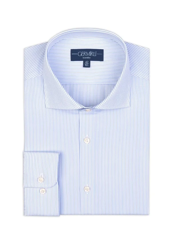Germirli Blue White Striped Tailor Fit 120/2 Journey Twill Non Iron Cotton Italian Collar Shirt - 1