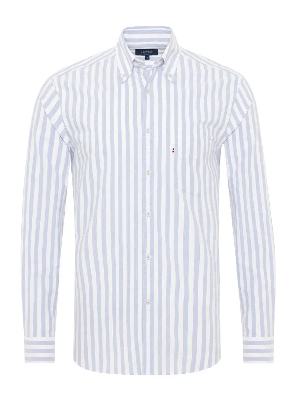 Germirli Blue White Striped Tailor Fit Relaxed Fit Button Down Collar Sports Oxford Cotton Shirt - 1