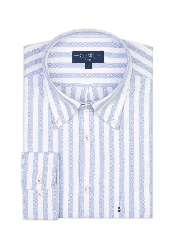 Germirli Blue White Striped Tailor Fit Relaxed Fit Button Down Collar Sports Oxford Cotton Shirt - 2