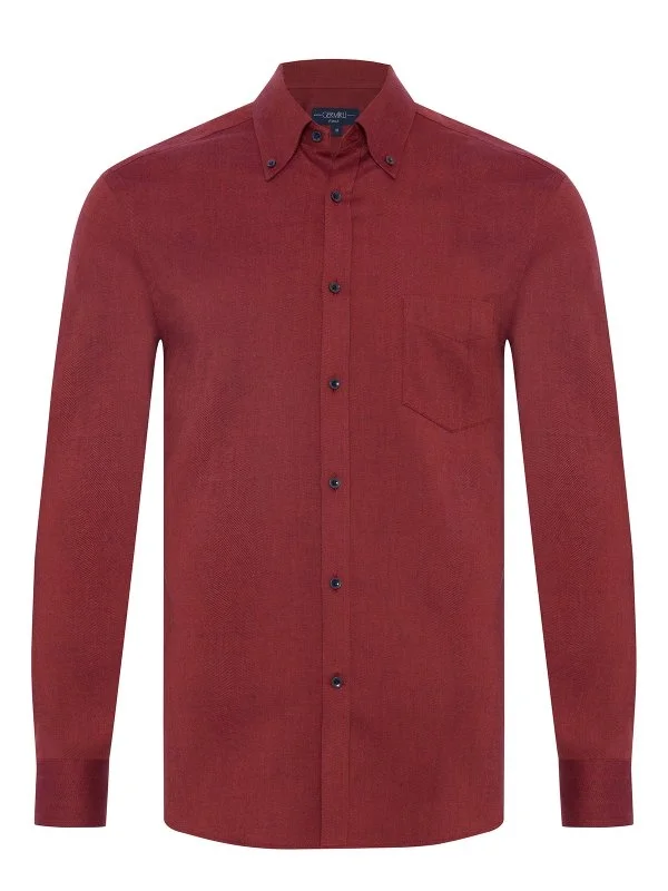 Germirli Burgundy Herringbone Pattern Albini Cotton Lyocell Tencel Tailor Fit Flannel Shirt - 1