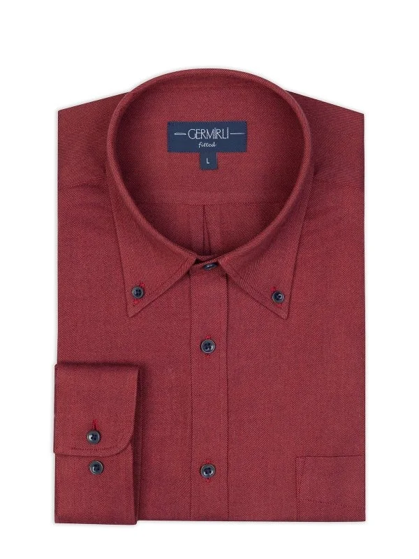 Germirli Burgundy Herringbone Pattern Albini Cotton Lyocell Tencel Tailor Fit Flannel Shirt - 2