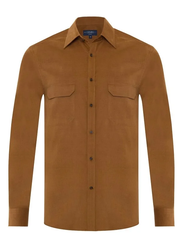 Germirli Camel Color Thin Velvet Soft Collar Tailor Fit Utility Pure Cotton Shirt - 1