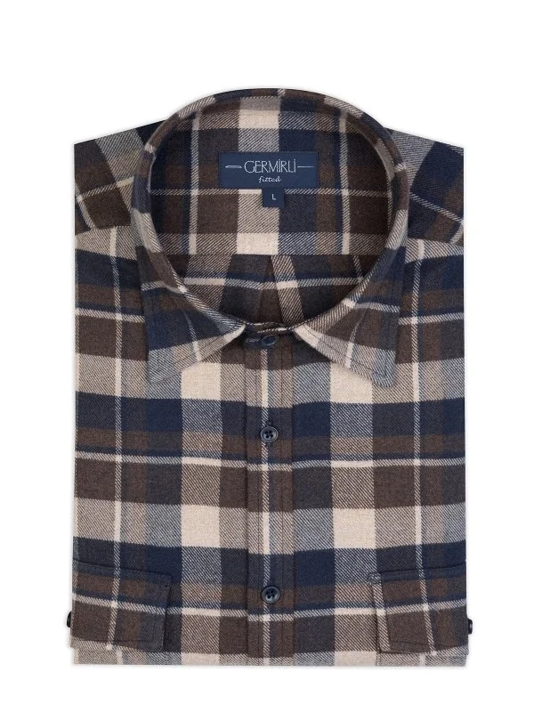 Germirli Coffee Navy Beige Plaid Flannel Tailor Fit Overshirt Lumberjack Shirt - 2