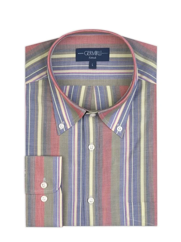 Germirli Colorful Vintage Thick Striped Button-down Collar Pocket Tailor Fit Cotton Shirt - 2