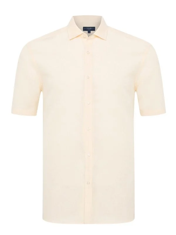 Germirli Cream Color Tailor Fit Soft Collar Lyocell Linen Short Sleeve Men's Shirt - 1