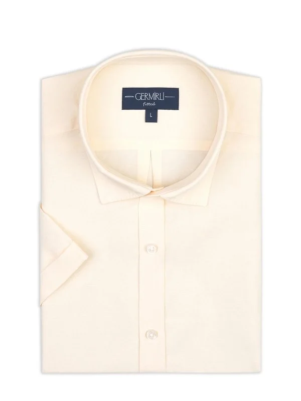 Germirli Cream Color Tailor Fit Soft Collar Lyocell Linen Short Sleeve Men's Shirt - 2