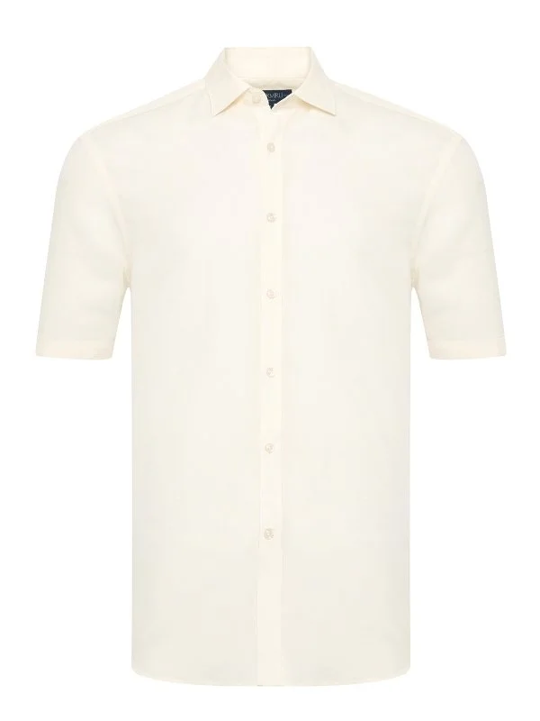 Germirli Cream Color Soft Collar Tailor Fit Short Sleeve Tencel Linen Shirt - 1