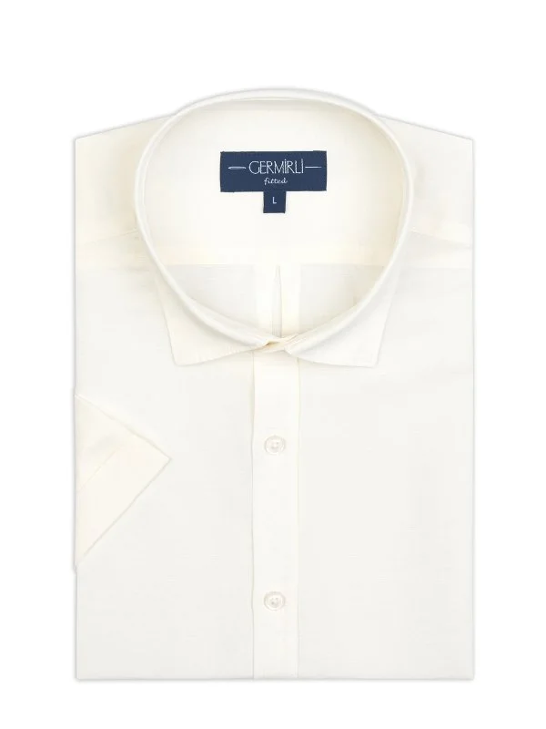 Germirli Cream Color Soft Collar Tailor Fit Short Sleeve Tencel Linen Shirt - 2