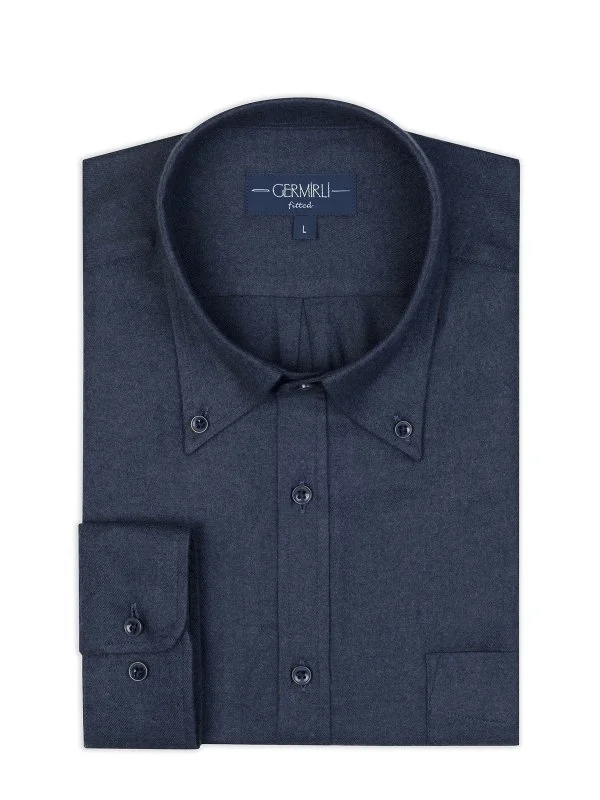Germirli Navy Blue Herringbone Pattern Albini Cotton Lyocell Tencel Tailor Fit Flannel Shirt - 2