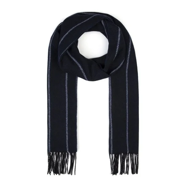 Germirli Wool Scarf with Navy Blue Herringbone and White Stripes - 1