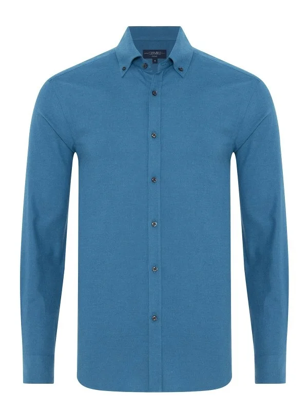 Germirli Dark Blue Plain Tailor Fit Relaxed Fit Button-down Collar Albini Flannel Shirt - 1